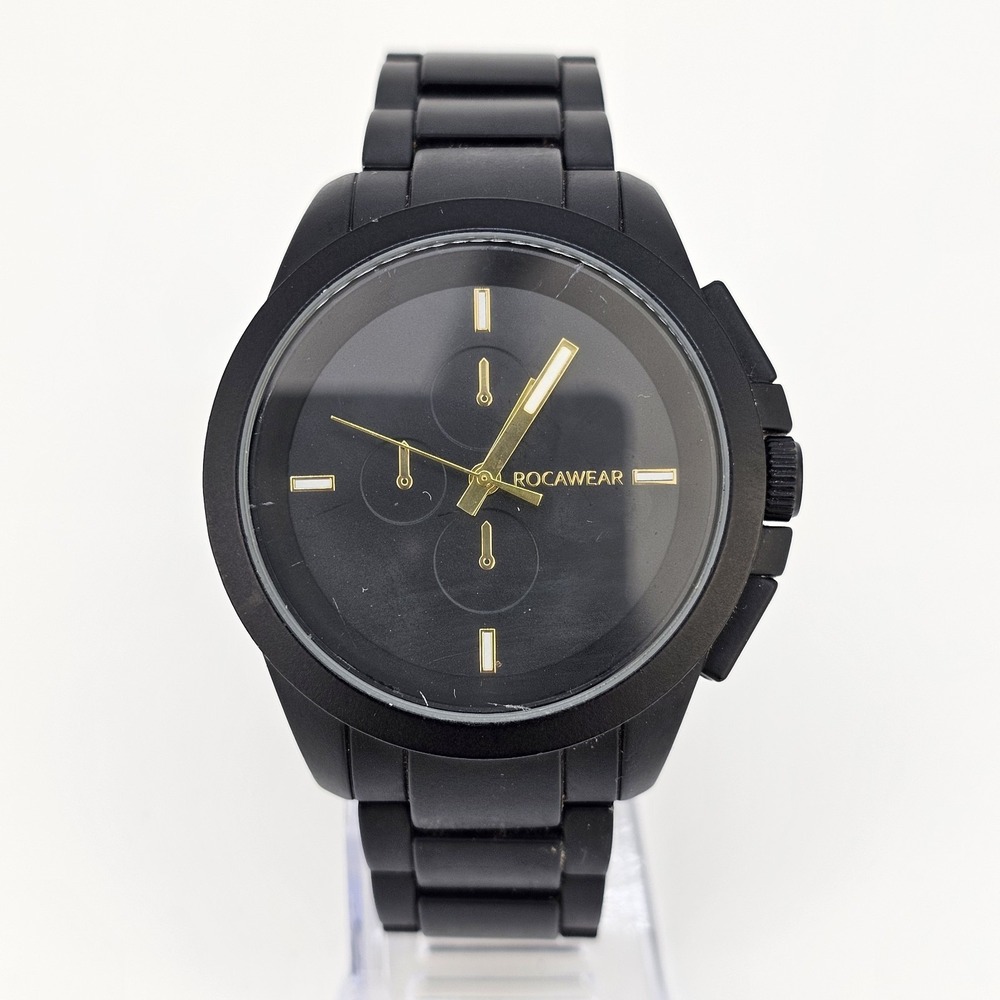 Rocawear Men's Watch 45MM Black Dial Black Bracelet Band 7" New Battery